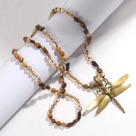 Boho Tigers Eye Crystal Natural Glass Dragonfly Necklace - Picture 5 of 5